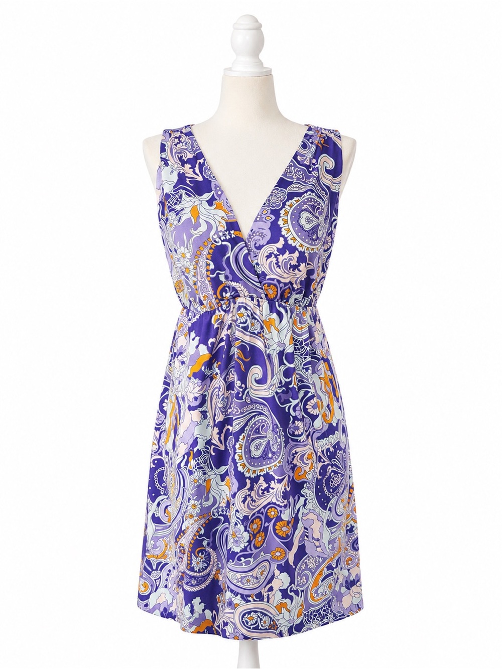Sleeveless Purple Paisley V-Neck Dress